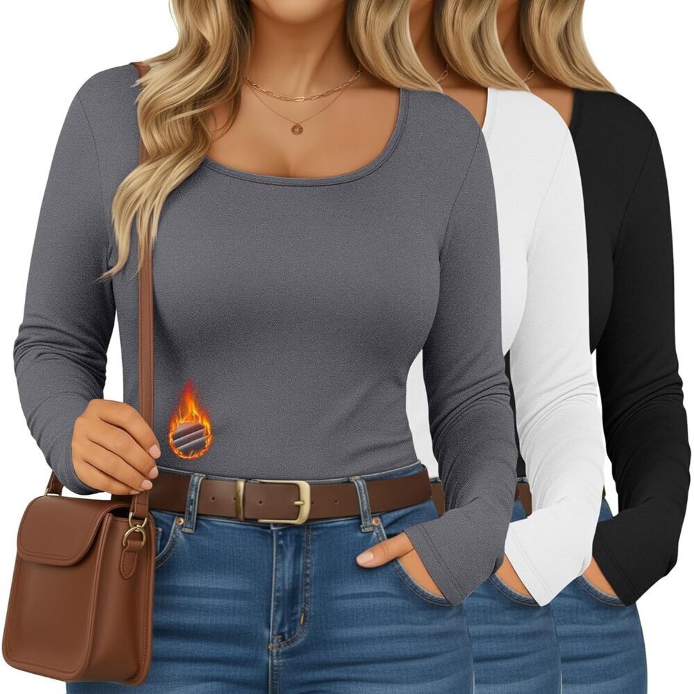 Plus Size Thermal Shirts Fleece Lined Scoop Neck Long Sleeve Tops Winter Base La